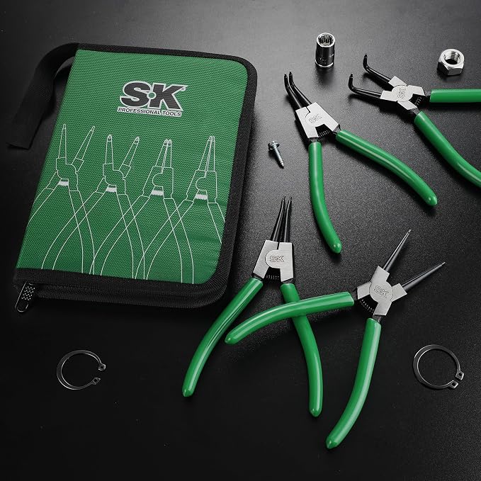 SK 4-Piece Snap Ring Pliers Set, 7-Inch Internal/External Circlip Pliers with Straight/Bent Jaw, 0.07'' Tip Diameter, Premium CR-V Steel, with Zipper Pouch