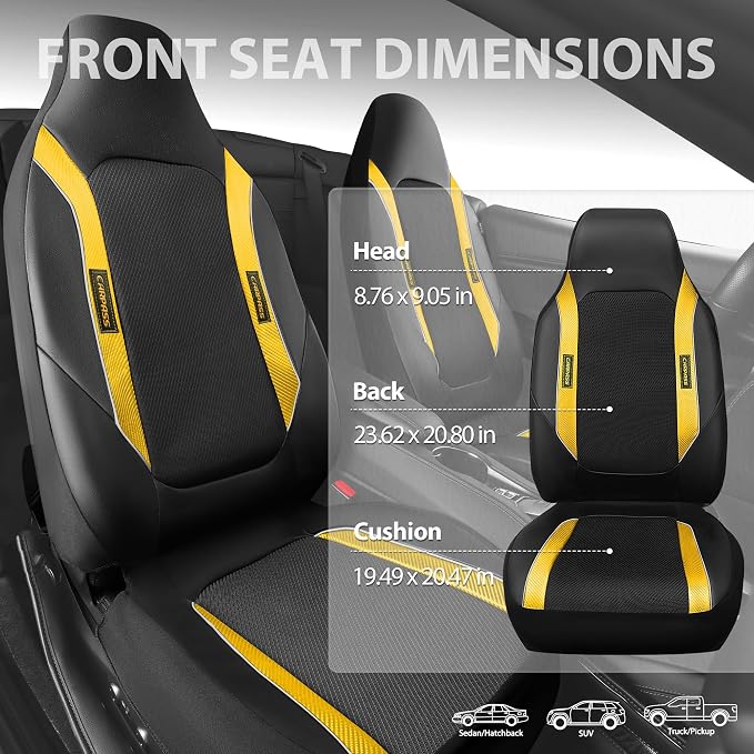 CAR PASS Sporty High Back 3D Oxford Waterproof Car Seat Cover Two Front, Universal Carbon Fiber Leather Bucket Seat Cover All Weather, Airbag Compatible Fit Sports Car SUV Sedan Truck Black Yellow