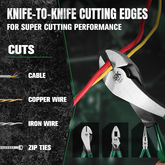 SK Tools USA 3 Piece Pliers Set: Diagonal Cutting, Long Nose Cutting, Linesman | 17842