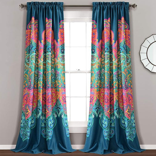 Lush Decor Boho Chic Light Filtering Window Curtain Panel Pair, 95" x 52" + 2" Header, Turquoise and Navy, 95 in x 52 in, Turquoise & Navy
