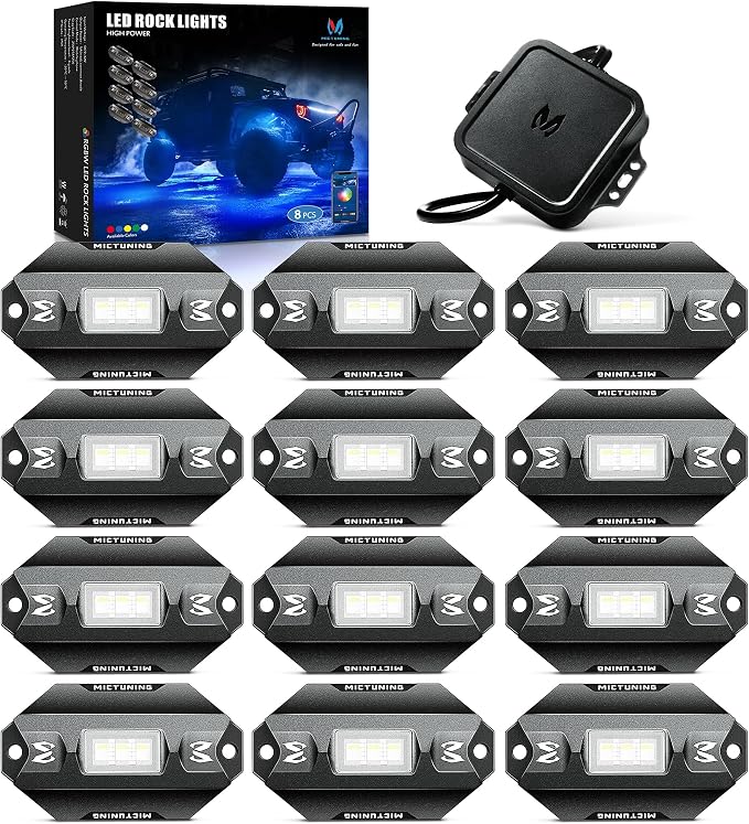 MICTUNING C1 12 Pods RGBW Rock Lights - Multicolor Underglow Neon Light Kit with Bluetooth Controller, APP Control, IP68 Waterproof