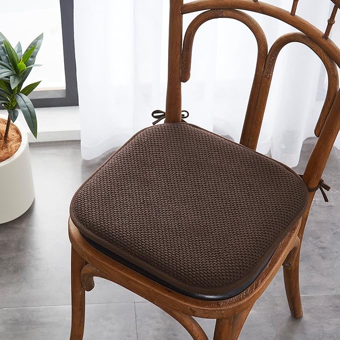 Elegant Comfort Chair Cushion Covers with Ties and Non Skid Rubber Backing-Thick Memory Foam - Soft Cushion Pad- Rounded Square Seat Cover-16 x 16 Inches- Honeycomb Textured Pattern, Set of 2, Brown