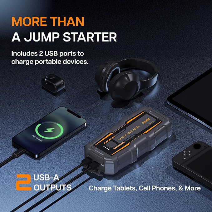 ReelCharge - Veratek V6 Pro 1000A Car Battery Jump Starter Portable (6.0L Gas & 3.0L Diesel) – 12V Lithium Battery Booster Pack with SmartCharge Safety, Jumper Cables, 10000mAh Power Bank, Jump Box.
