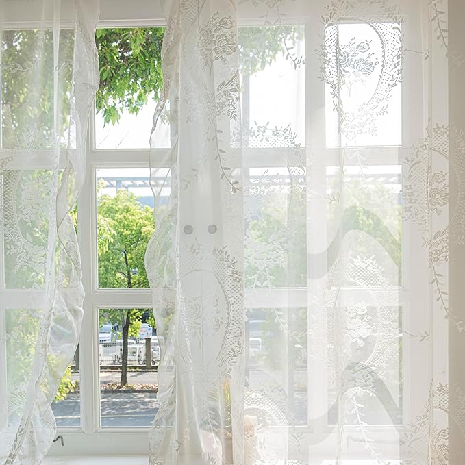 Sutuo Home Ivory Lace Curtains 96 Inches Long 2 Set, Sheer Panels Rose Floral Embroidery Vintage Voile Window Treatment Pair for Bedroom Living Room, Retro Christmas Decor Rod Pocket, W57 x L96