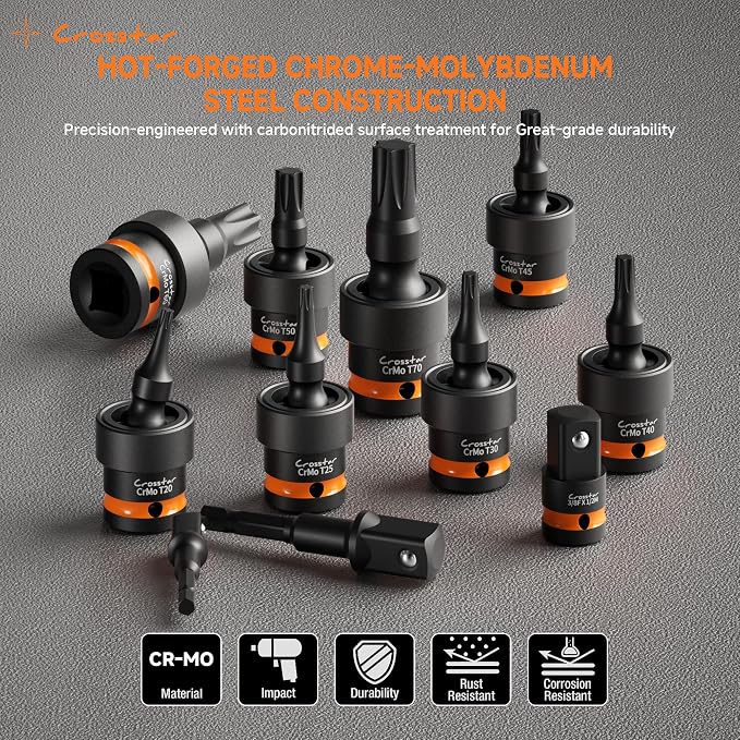 Crosstar 3-Piece T50 Impact Torx Bit Swivel Socket Set, 3/8" Drive CR-MO Wobble Star Sockets with Spring Shock Absorption, Professional Mechanic Tools for Tight Spaces & High-Torque Applications