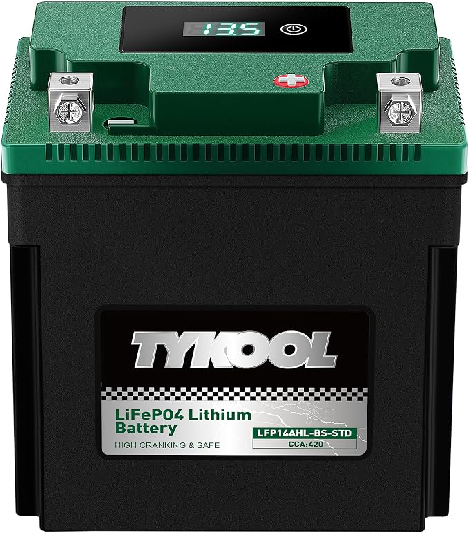 TYKOOL LFP14AHL-BS-STD Lithium Battery, Replaces YTX14AHL-BS, 420CCA 7Ah Fits for Motorcycle ATV Scooter, Compatible with Kawasaki KLR650 Suzuki Boulevard S40 Royal Enfield, Digital Readout [- +]