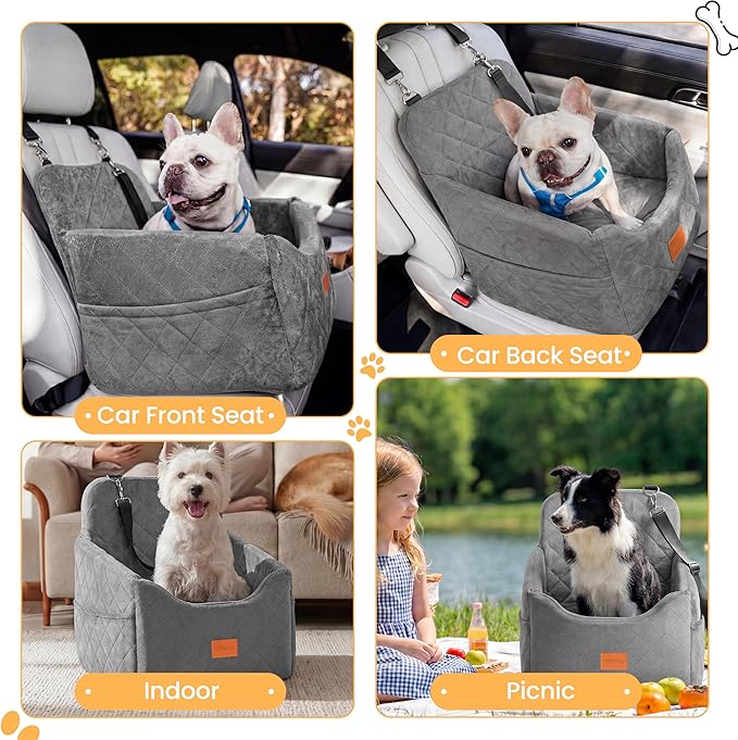 Dog Car Seat for Small Dog with Washable Mat, Memory Foam Booster Seat for Dogs Under 30lb, 6" Elevated Pet Seat with Pockets, Anti-Slip Bed for Car, Perfect for Front & Back Seats with Safety Leash