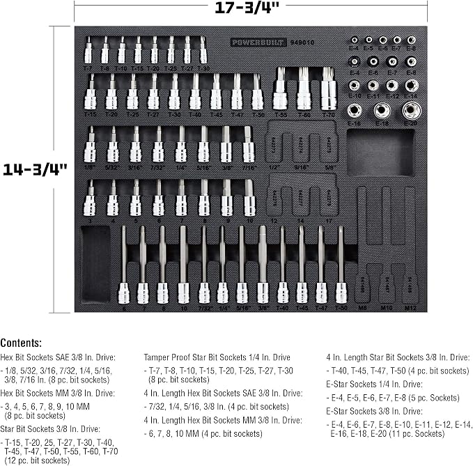 Powerbuilt 64 Piece Bit Socket Set, Hex, Torx, Specialty Bits, Up to 4 Inch Length, Long Reach E-Torx, Laser-Cut Organizing Tray, 949010