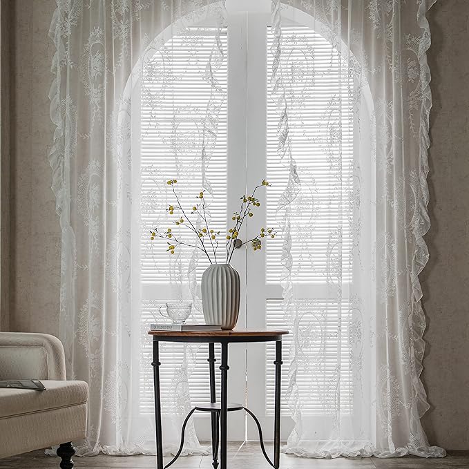 Sutuo Home White Lace Curtains 90 Inches Long, Vintage Embroidered Floral Rose Sheer Curtains for Bedroom Living Room, Privacy Country Rustic Windows Treatment Pair, Rod Pocket, W57 x L90,2 Panels