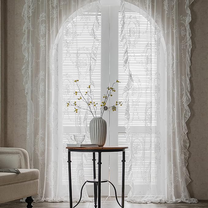 Sutuo Home White Lace Curtains 2 Panels 72 Inches Long for Bedroom Living Room, Vintage Embroidered Floral Rose Sheer Curtains, Privacy Farmhouse Windows Treatment Pair, Rod Pocket, W57 x L72