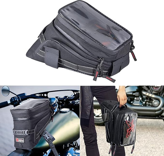Motorcycle Tank Bag w/Strap Storage Bag Compatible with Honda Yamaha Suzuki Kawasaki Harley Water Resistant (Black)