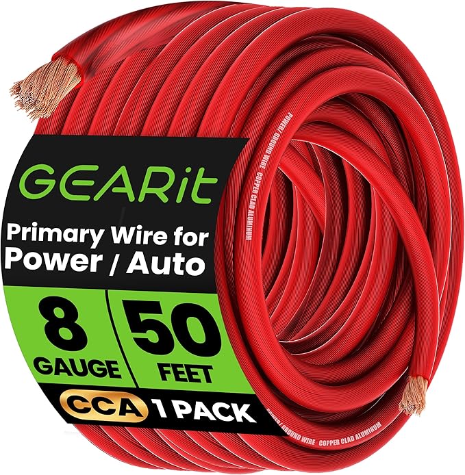 GEARit 8 Gauge Wire 50 ft Red, 8 AWG Battery Cable CCA, Copper-Clad Aluminum Power Cable for Car Audio Amp, Automotive, RV