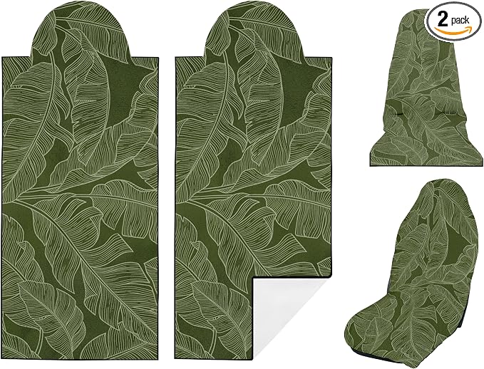 2 Pack Car Seat Towel Covers, Sweat Protector for Front Seats, Premium Thickened Microfiber with Elastic Strap, Breathable & Quick Dry, Machine Washable Cover for Gym Running Universal Fit Banana Leaf