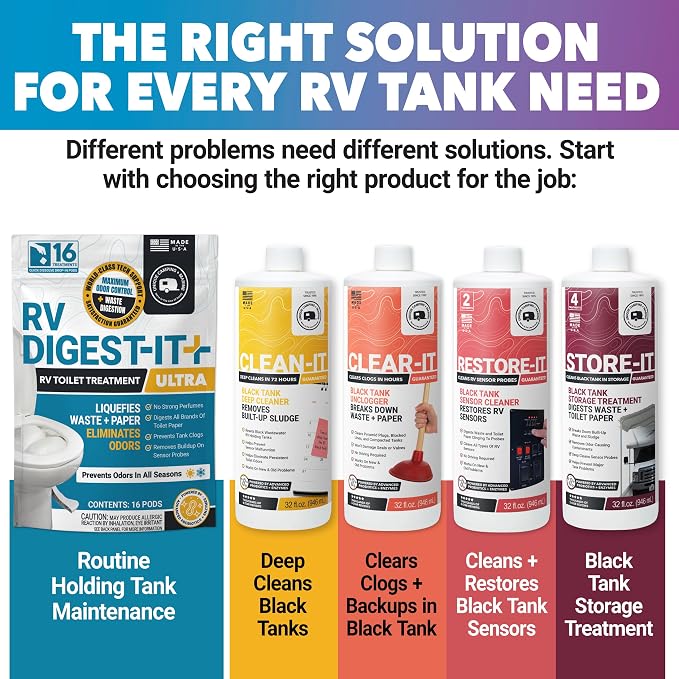 Unique RV Digest-It Ultra Drop-In Pods RV Black Tank Treatment | Strong formula controls odors & digests waste & toilet paper; 16 premeasured treatments per pouch, 3-Pack
