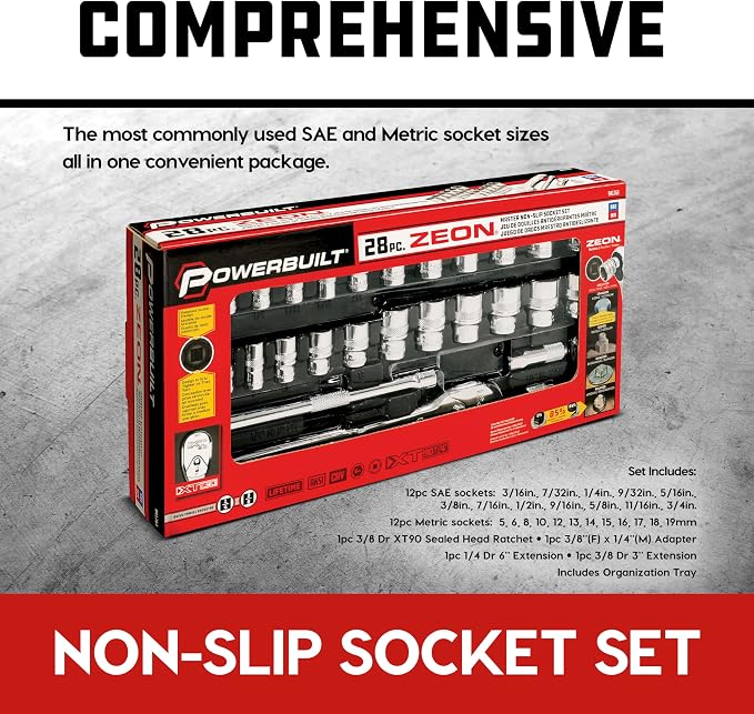 Powerbuilt 28-Piece Zeon Socket Set, SAE & Metric Rounded Fastener Grip Sockets with XT90 90-Tooth Ratchet, Extensions & Storage Tray - 941763