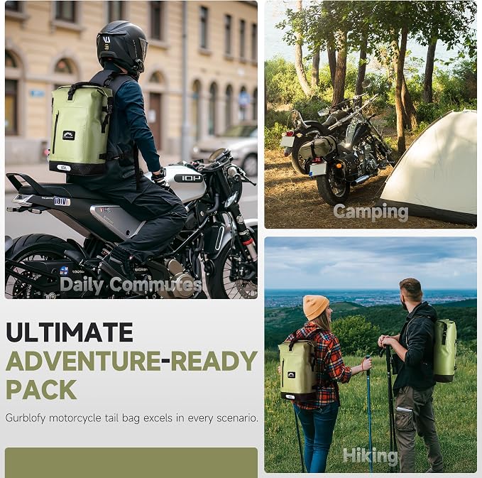 Motorcycle Saddle Bag, 15L Waterproof Motorcycle Tail Bag, PVC Bag | 2 Size and 3 Color Options Travel Bag, Rear Seat Bag, Backpack Field Green GT-15GN