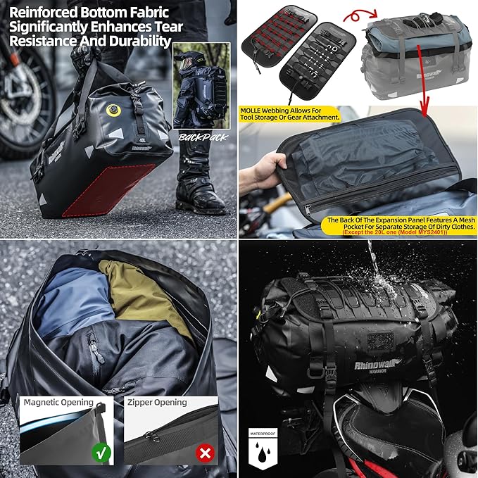 Rhinowalk Motorcycle Saddle Bag 20L – 100% Waterproof Rear Seat Tail Bag with Roll-Top Magnetic Closure, Backpack Convertible