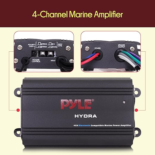Pyle 200W RMS 4-Channel Marine Amplifier - Bluetooth Wireless Audio Streaming - Waterproof - Full Range Stereo w/ RCA - High Crossover HD Music - Multi-Channel System - Compact & Powerful - PLMRMB4CB