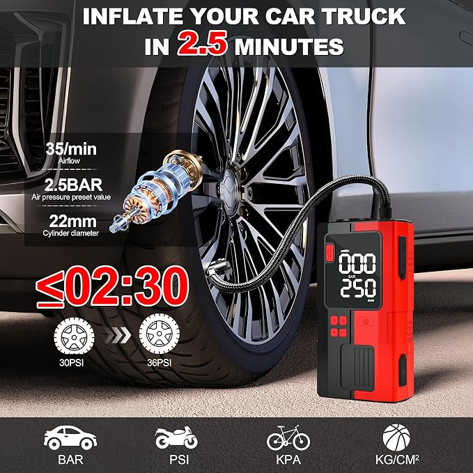 Jump Starter with Air Compressor, 5000A Tire Inflator, 16.8V Portable Jump Box with LED Light/Flashlight for 9.0L Gas/6.0L Diesel, Car Battery Jumper Starter Portable, Jumper Cables