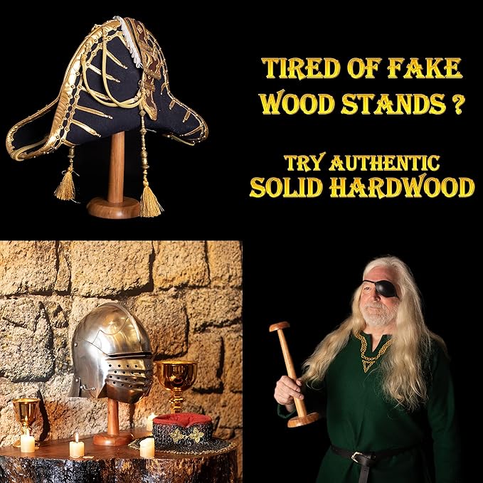 Mythrojan Solid Wood Hat Display Stand 14.5 Inch with Durable Wooden Hat Holder for Medieval Renaissance Cosplay, Halloween & Vintage Hats – Natural Brown
