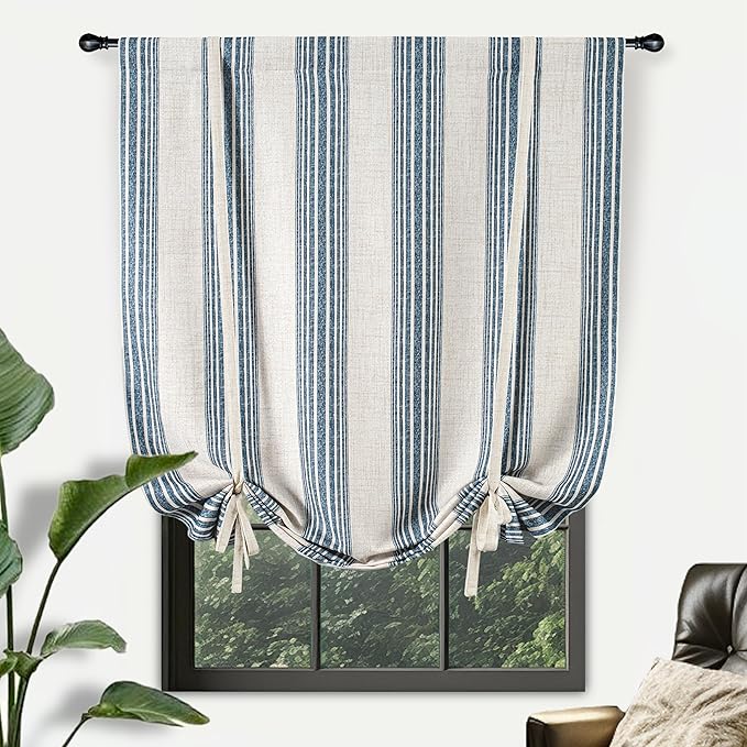 DriftAway Chris Double Layer Blackout Tie Up Curtains Thermal Insulated Fully Lined Vertical Striped Balloon Roman Shade Bathroom Window Adjustable Rod Pocket 39 Inch by 55 Inch Jean Navy
