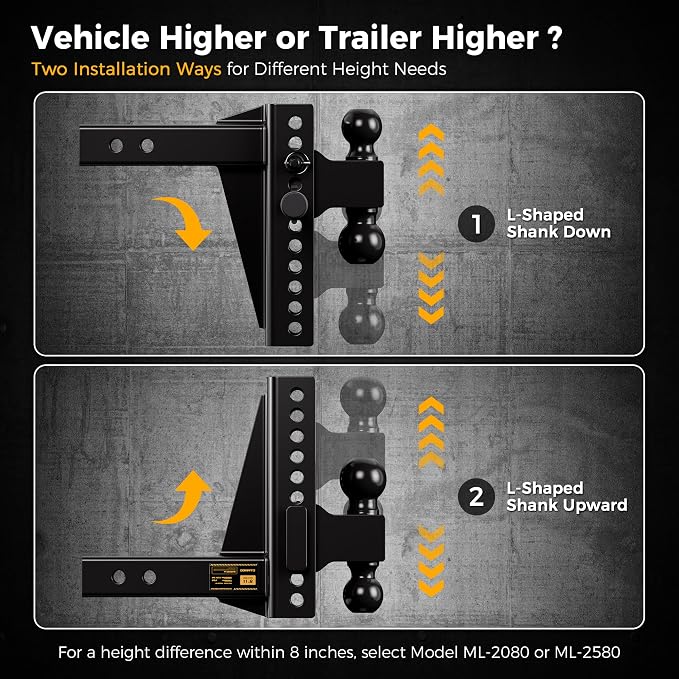 CAMMOO Adjustable Trailer Hitch, Tow Hitch Fits 2 inch Receiver, 8 inch Rise/Drop Hitch, 2" and 2-5/16" Ball Hitch, 20000 LBS GTW Truck Hitch with U-Shaped Alloy Steel Anti-Theft Pin, Black, ML-2080