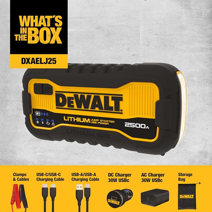 : DEWALT DXAELJ25 2500 Peak Amp Portable Lithium Jump Starter with USB-C (25W, 60W in/Out) and USB-A (15W)