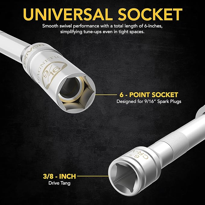 LEXIVON 9/16-Inch Spark Plug Swivel Socket, 3/8" Drive x 6" Total Length | Enhanced Magnetic Design with Thin Wall Socket, Cr-v Steel (LX-SSPS9166)