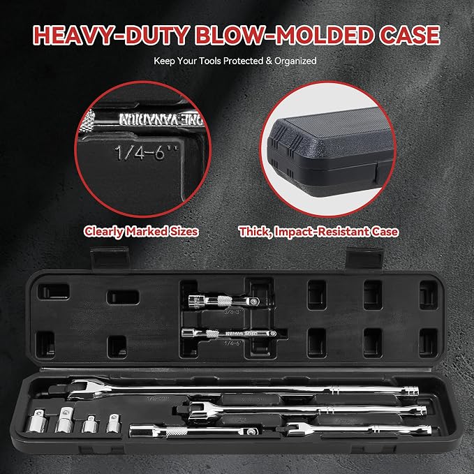 KOOPOOL 10 Piece Breaker Bar Set, 3/8", 1/2" and 1/4" Drive, 180° Rotatable Head, 6'', 10'', 15'' Length, 3 Extension Bars, Organizer Case