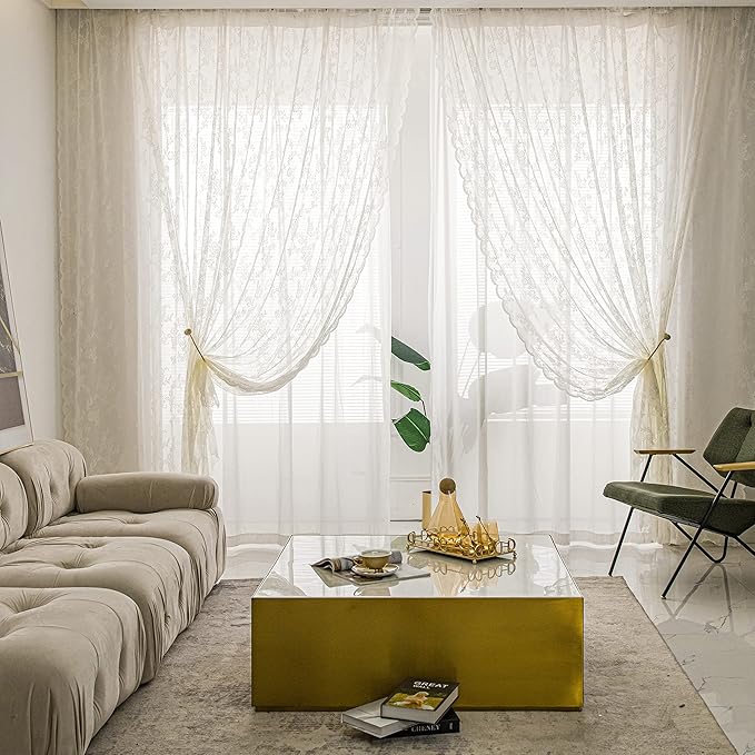Sutuo Home Ivory Lace Curtains 96 Inches Long 2 Set, Sheer Panels Floral Embroidery Vintage Voile Window Treatment Pair for Bedroom Living Room Kitchen, Retro Christmas Decor Rod Pocket, W57 x L96