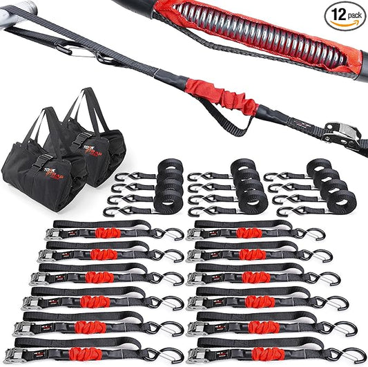 TorkStrap 14' x 1'' Self Tensioning Tie Down Straps [Patented] - Automatically Adapt to Load Shifts - 1,500LB Break Strength - Pull Alternative to Ratchet Straps - Integrated Soft Loop & Hooks (12-PK)