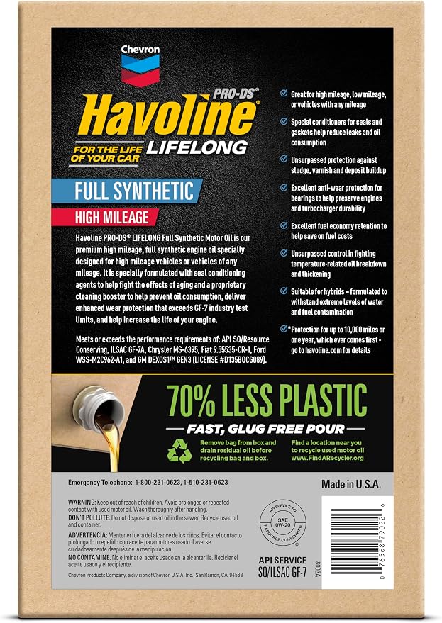 Havoline Motor Oil 0w20 PRO-DS Lifelong Full Synthetic Smart Change Engine Oil, 0W-20, 6 Quarts, Pack of 1