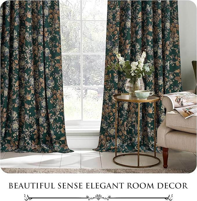 StangH Green Velvet Curtains with Print Floral, Back Tab Luxury Window Panels 90 inches Long Thermal Insulated Room Darkening Drapes for Sliding Door, W52 x L90, 2 Panels