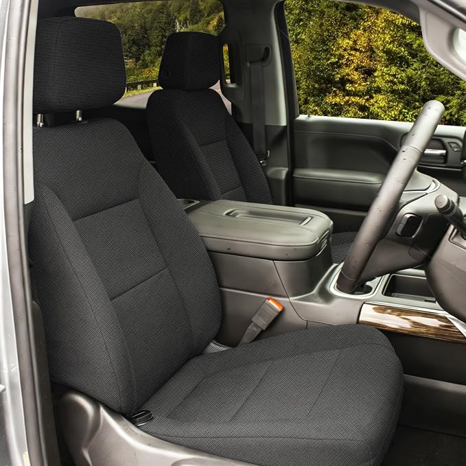 Front Thickened Composite Fabric Seat Covers for Chevy Silverado GMC Sierra 1500 Crew Cab 2019-2026 Durable Cloth Composite Foam with Headrest and Console Covers-Black