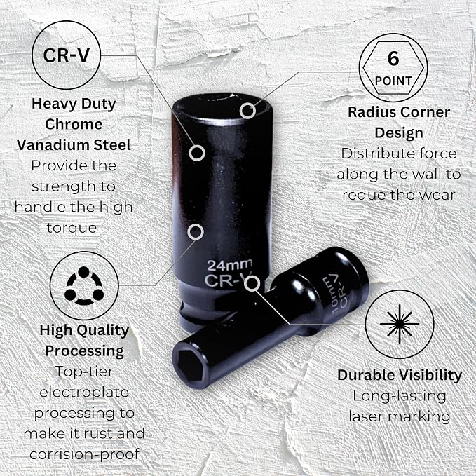 1/2" Drive Impact Socket Set,29-Pieces Metric (10-24mm) and SAE (3/8 to 1 inch) Sizes with 3", 5", 10" Extension bars,Deep, 6 Point,Cr-V Steel(1/2" Socket Set, Metric and SAE, 29pcs)