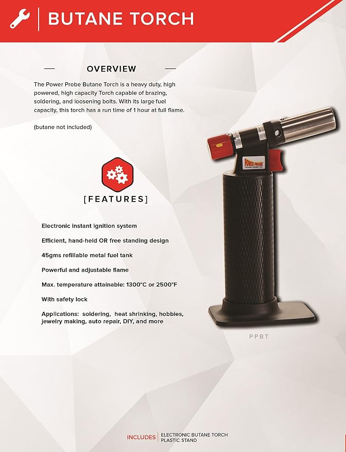 Power Probe Black Butane Torch (PPBT) [Car Test Tool, Electronic Ignition, Large Fuel Capacity, Adjustable Flame, for Soldering, Heat Shrinking]