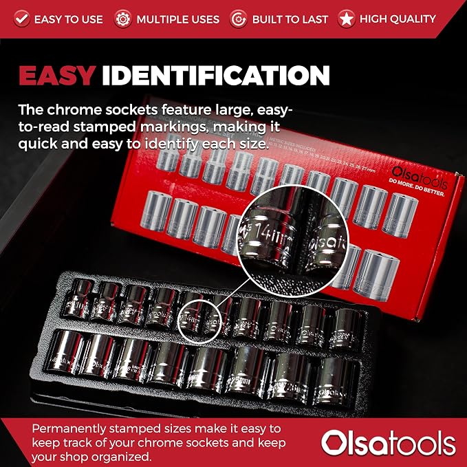 Olsa Tools Metric Shallow Socket Set - 1/2-Inch Drive, 18pc - 6-Point Chrome Sockets from 10mm–27mm and No Skipped Sizes - Mechanic Shallow Metric Socket Set - Professional Grade Sockets - Part: 1326