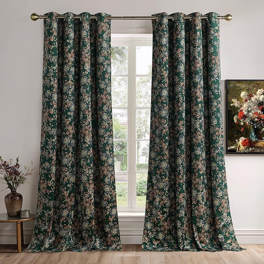 StangH Vintage Green Velvet Curtains 96 Inches, Two-Layer 100% Blackout Floral Drapes with Bronze Grommet Thick Thermal Insulated Patterned Curtains for Bedroom, W52 x L96, 2 Panels