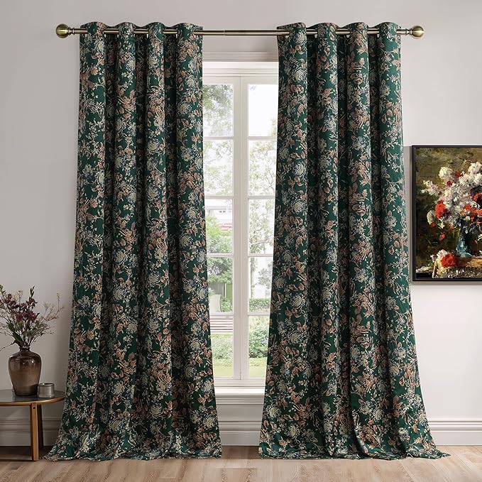 StangH Double- Layer Green Floral Curtains, Super Soft 100% Blackout Velvet Curtains 90 Inch Vintage Heat Cold Blocking Window Drapes for Bedroom Nursery, W52 x L90, 2 Panels