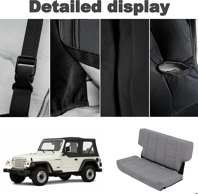 Custom Seat Covers for Jeep Wrangler TJ 1997 1998 1999 2000 2001 2002 Heavy Duty Cloth Protector Interior Accessories，Waterproof & Machine Washable, Foam Padded - Gray（Rear）