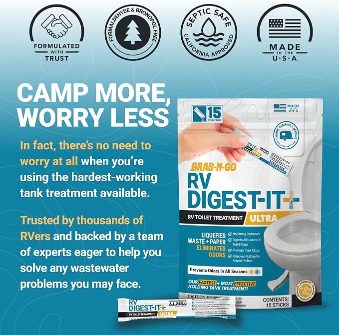 Unique RV Digest-It Ultra Stick Pack, 15 Count, Extra-Strength RV Toilet Treatment, No-Mess, Pre-measured, Grab-N-Go Bio-Enzymatic Black Tank Treatment, Eliminates Smells and Prevents Clogs