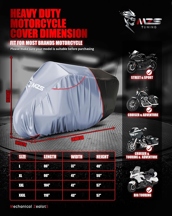 MZS Motorcycle Cover Waterproof Outdoor, Heavy Duty All Season Weather Sun Protection with Storage Bag Vents Night Reflective Cotton Lining Lock Holes fits up to 116" Motorcycles Vehicle Covers