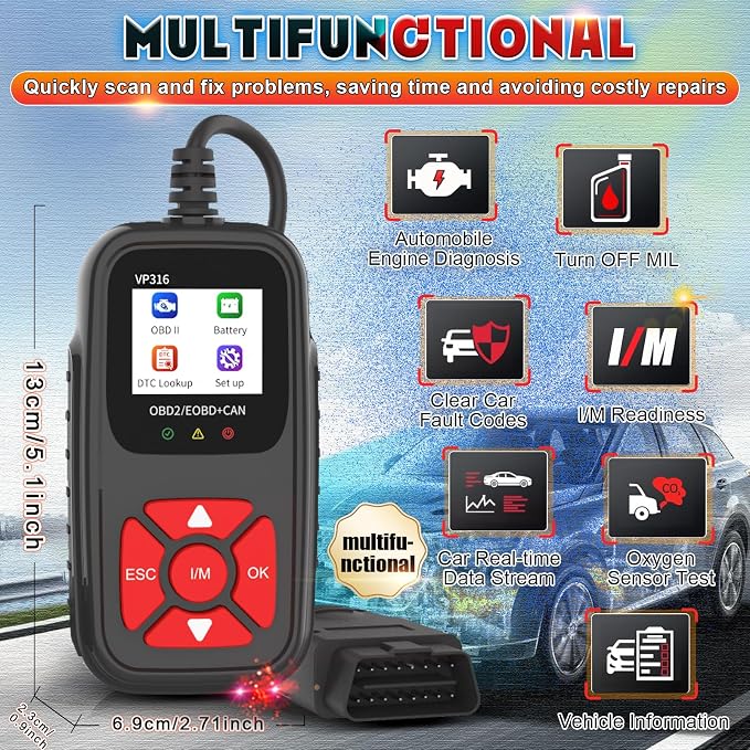 OBD2 Diagnostic Tool for All Vehicles from 1996 Onwards, Read & Solve Error Codes + Live Data Directly on the Display, Compatible with BMW, VW, Audi, Mercedes, CE Certified & Plug & Play