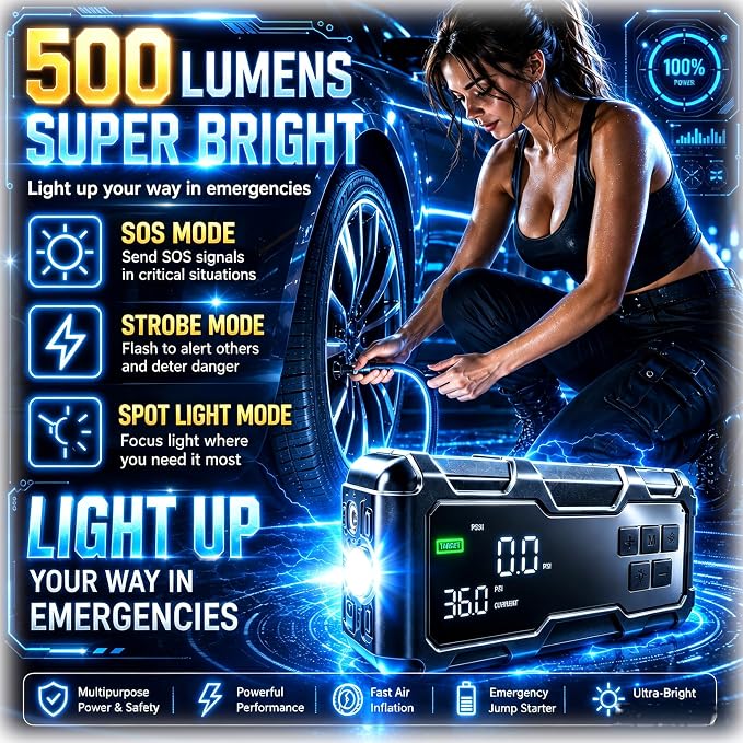 9000A Jump Starter with Air Compressor 10-1 Portable Tire Inflator German Fast-Charging Power Bank Car Diesel Battery Booster for Car Owners Camping, Road Trips, Family Safety & Gift
