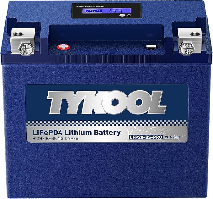 TYKOOL LFP20-BS-PRO Lithium Battery, Replaces YTX20-BS YTX20H-BS GYZ20H, 650CCA 12Ah fits for Indian Chief Scout Arctic Cat Alterra ZR 8000 Yamaha SR Viper Moto Guzzi California, Digital Readout [+ -]