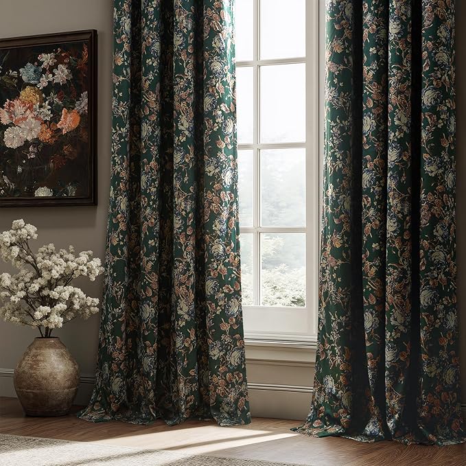 StangH Vintage Green Velvet Curtains 96 Inches, Two-Layer 100% Blackout Floral Drapes with Bronze Grommet Thick Thermal Insulated Patterned Curtains for Bedroom, W52 x L96, 2 Panels