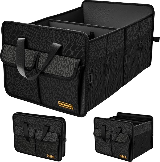 SIBOFUEGO Car Storage Combo – 70L Trunk Organizer & Leak-Proof Trash Can (Black Leopard)