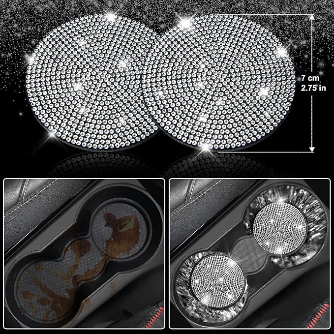 CAR PASS Diamond Bling Leather Seat Covers Set Car Floor Mats Glitter Rhinestone Steering Wheel and Car Interior Accessory Set for Women Silver