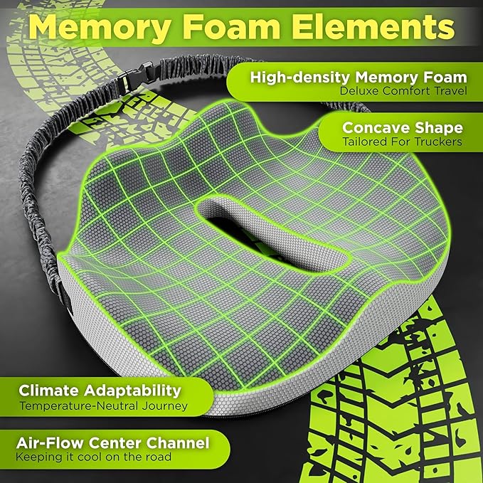 Semi Truck Tablet Mount & Truck Seat Cushion, Heavy Duty Tablet & iPad Holder Compatible for Dashboard Windshield Window & Ultimate Memory Foam Trucker Seat Cushion (1 TM & 1 SC)
