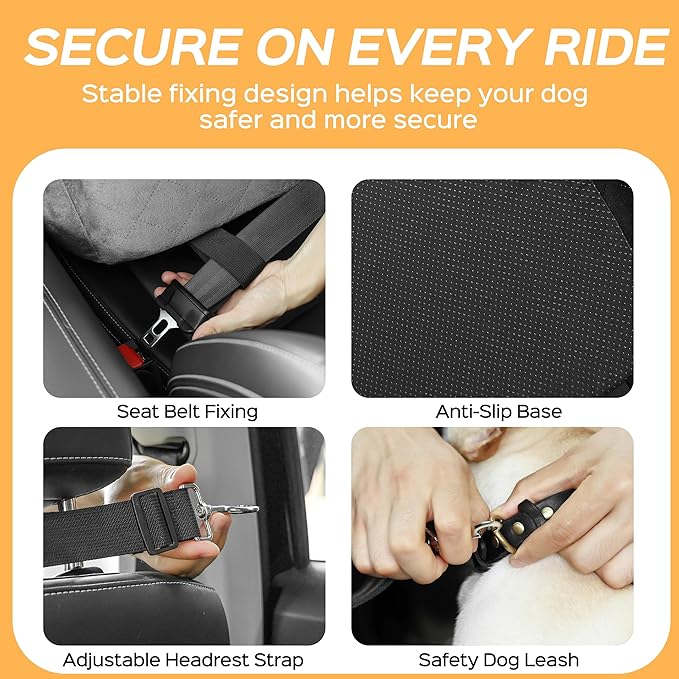 Dog Car Seat for Small Dog with Washable Mat, Memory Foam Booster Seat for Dogs Under 30lb, 6" Elevated Pet Seat with Pockets, Anti-Slip Bed for Car, Perfect for Front & Back Seats with Safety Leash